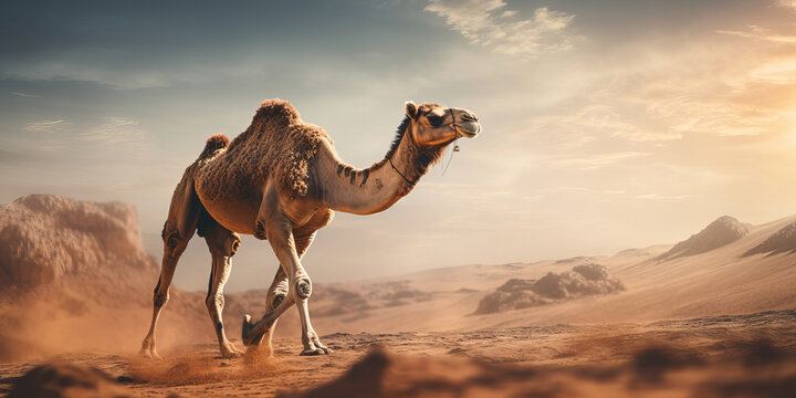 Majestic Camel Traversing the Vast, Golden Desert Dunes at Sunset - Elegant Wildlife, Adventure, and Nature Stock Photography