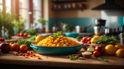 Fototapeta premium Healthy Food Being cooked At Kitchen Background, Vibrant Bright Colors