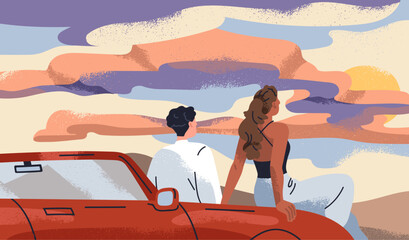 Obraz premium Love couple looking at sunset. Romantic date, man and woman watching, enjoying evening sky with sundown, sitting on car bumper. Happy characters dreamers contemplating clouds. Flat vector illustration