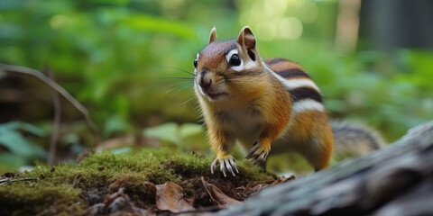 Naklejka na ściany i meble Curious Chipmunk in Lush Forest: Wildlife Exploration, Nature Photography - High Resolution Image