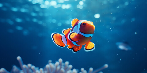 Fototapeta na wymiar Vibrant Clownfish in Blue Ocean Waters: Exquisite Marine Life, Coral Reef Ecosystems, and Underwater Beauty for Educational and Environmental Graphics.