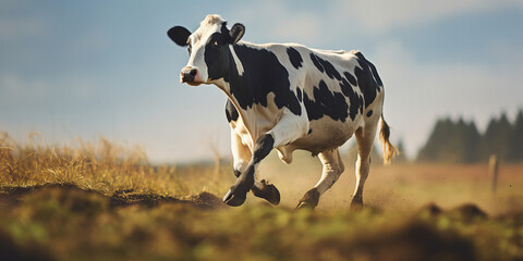 Obraz premium Exuberant Holstein Cow Frolicking in Sunny Pasture - High-Energy Dairy Cattle in Action, Joyful Farm Animals Concept, with Copy Space
