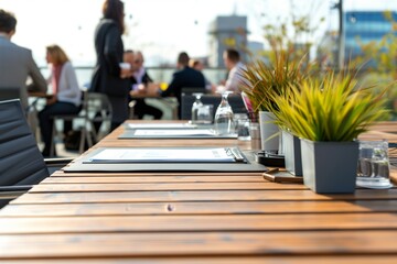 business meeting held on modern roof deck