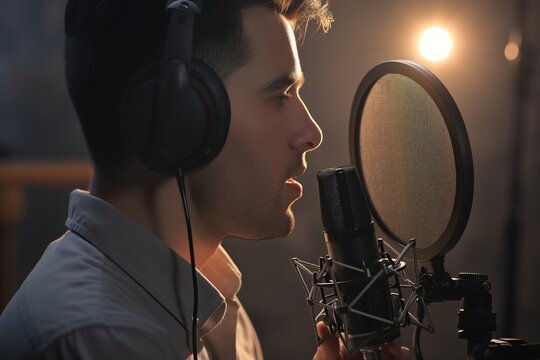 male journalist recording voiceover with a pop filter