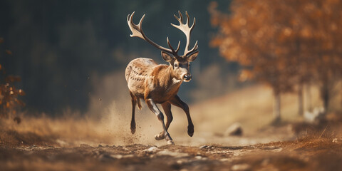 Majestic Stag in Autumn: Dynamic Wildlife Photography of a Deer in Mid-Run Across a Sunlit Forest Clearing