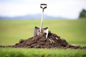 a pile of cow manure with a hand trowel on a grassy field - obrazy, fototapety, plakaty
