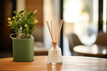 a scent diffuser with wooden sticks on a wooden table