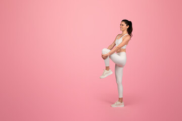 Cheerful millennial caucasian woman in white sportswear stretching leg, enjoy workout fit