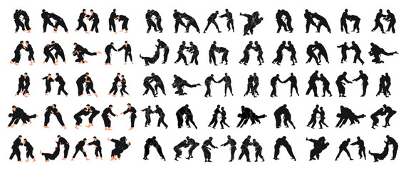 Silhouettes of 60 sports couples judoka fighter. Judoist, judoka, athlete, duel, fight, judo, isolated vector