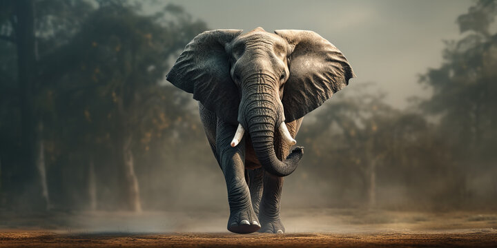 Majestic African Elephant Approaching in Misty Wilderness - Wildlife Photography with Atmospheric Backdrop for Commercial and Creative Use