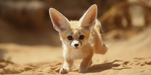 Adorable Fennec Fox Kit Exploring Desert Sands - High-Resolution Wildlife Photography for Commercial Use