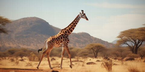 Graceful Giraffe Strolling in Savannah with Acacia Trees and Golden Grass Under African Sky