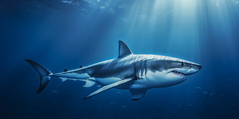 Majestic Great White Shark Swimming Under Sunlit Ocean Surface with School of Fish - Marine Wildlife Photography