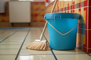 mop and bucket filled with clean water on a tiled floor - obrazy, fototapety, plakaty