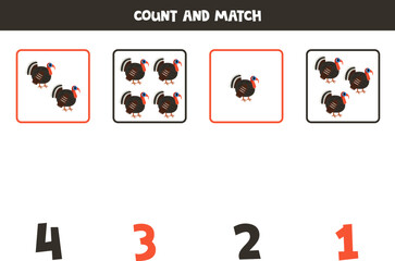 Counting game for kids. Count all turkey birds and match with numbers. Worksheet for children.