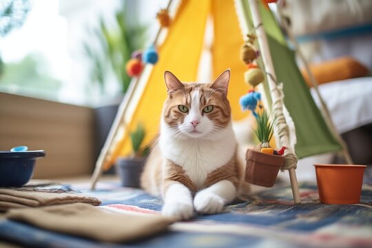 cat sitting in a homemade tent with catnip toys