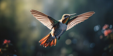 Fototapeta premium Majestic Hummingbird in Flight Featuring Iridescent Feathers and Ethereal Forest Bokeh Background