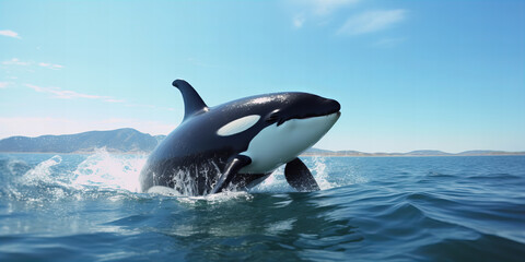 Majestic Orca Whale Leaping from Ocean Waters with Mountainous Horizon and Clear Blue Sky