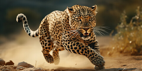 Majestic Leopard in Dynamic Sprint, Intense Gaze, Wildlife Predator in Action, High-Resolution Nature Photography for Stock