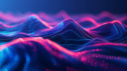 Abstract Digital Landscape: 3D Wave Patterns with Neon Glow - Futuristic Data Visualization, Cyber Terrain and Technology Concept
