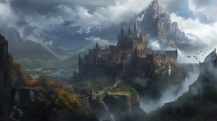 Fantasy landscape with castle and waterfall in the fog. 3d rendering