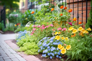 flower bed with perennial plants beside a brick path