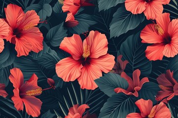 Floral Beauty in Red: Seamless Pattern with Hibiscus Blossoms for Nature-Inspired Textile and Wallpaper Design in Vintage Style