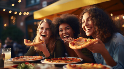 Group of young women eating pizza in a pizzeria on the street - obrazy, fototapety, plakaty