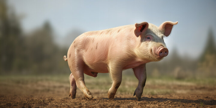 Domestic Pink Pig Trotting on Farm - Livestock in Natural Habitat Agriculture Rural Scene Clear Day High Resolution Image