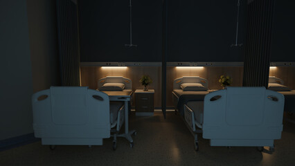 Esthetic and clean modern hospital patient room, at night. Private clinic comfortable recovery place for patient treatment. Hospital ward interior.