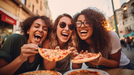 Obraz premium Beautiful young women are eating pizza and smiling while sitting in cafe