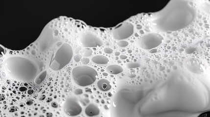 Foamy white liquid from soap, shampoo, or body wash creates abstract bubbles, displayed on a black background with texture and clipping path.