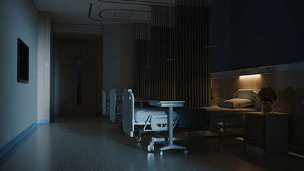 Esthetic and clean modern hospital patient room, at night. Private clinic comfortable recovery place for patient treatment. Hospital ward interior.