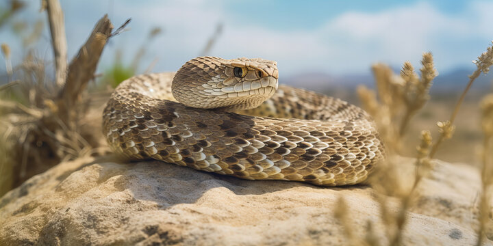 Majestic Prairie Rattlesnake Coiled on a Rock Amid Wild Grasses in Natural Habitat - High-Resolution Wildlife Photography