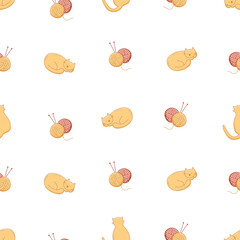 Seamless pattern of a sleeping cat and a ball of thread. Cartoon funny background
