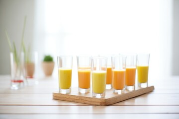 vibrant carrot juice glasses, multiple servings lined up