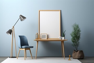 Mockup of a blank photo frame on a blue backdrop, showing a minimalist design idea
