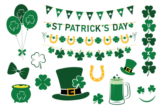 St. Patricks day set, design elements for party, sales, photo, pot, bow, horseshoe, pennant, garland, beer, clover, hat, shamrock