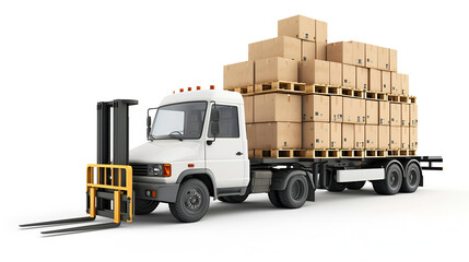 Freight transportation, packages shipment and shipping goods concept, cargo loading and unloading operations, delivery truck full of cardboard boxes isolated on white, 3d illustration. generative ai
