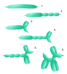 Vector instructions on how to make a dog out of balloon balloon decoration colored for kids entertainment. cute green dog balloon twist cartoon. illustration for children