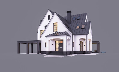 3d rendering of cute cozy white and black modern Tudor style house with parking  and pool for sale or rent with beautiful landscaping. Fairy roofs. In evening Isolated on gray