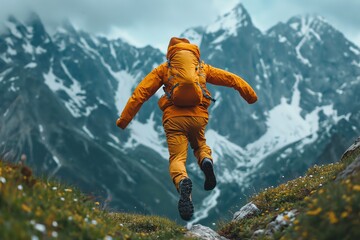 An adventurous hiker jumps between the rocks, with a backpack and raincoat, among the high alpine mountains.