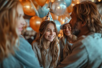 Fototapeta premium A young teenager celebrates her birthday among friends and family.