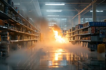 An explosion inside a supermarket causes a fire between the shelves.