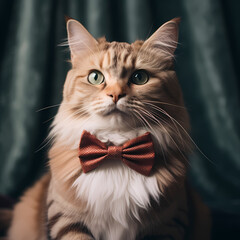A close-up of a cat wearing a bowtie.
