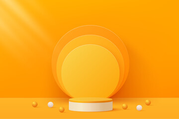 3d orange podium pedestal platform with geometric backdrop and ball on orange background for product display, presentation, advertising. 