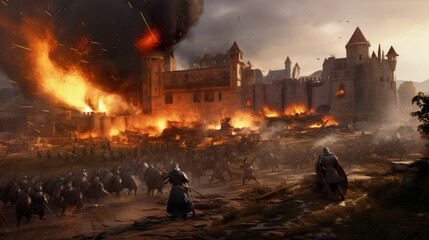 A epic middle age battle with knights and a castle