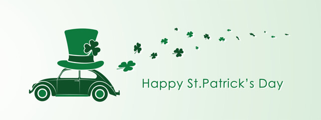 happy st patrick day panoramic greeting card with classic car, green and white vector illustration - obrazy, fototapety, plakaty