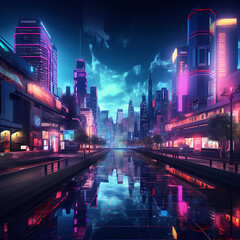 Fototapeta na wymiar A futuristic cityscape at dusk with vibrant neon lights
