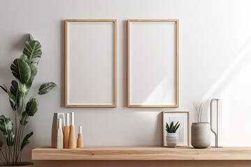 Fototapeta na wymiar Mockup of two 8x10 white frames arranged vertically on a beige wall with a wooden shelf. vertical poster with a plant on a wooden shelf